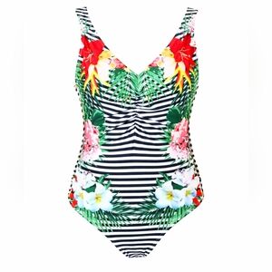 Nicole Miller Tropical Stripe One Piece Swimsuit Size 8 NWOT Resortcore